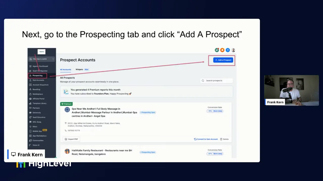 Prospecting tool in GFunnel showing 'Add Prospect' button