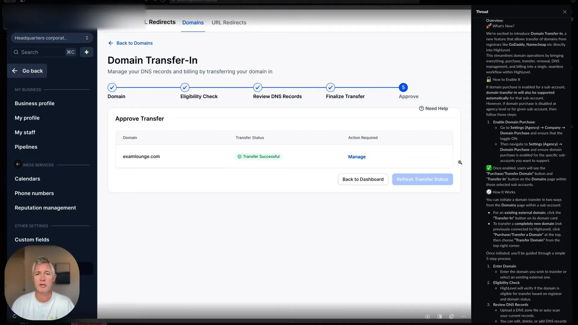 Sean explaining how transfers start and can be refreshed showing status done