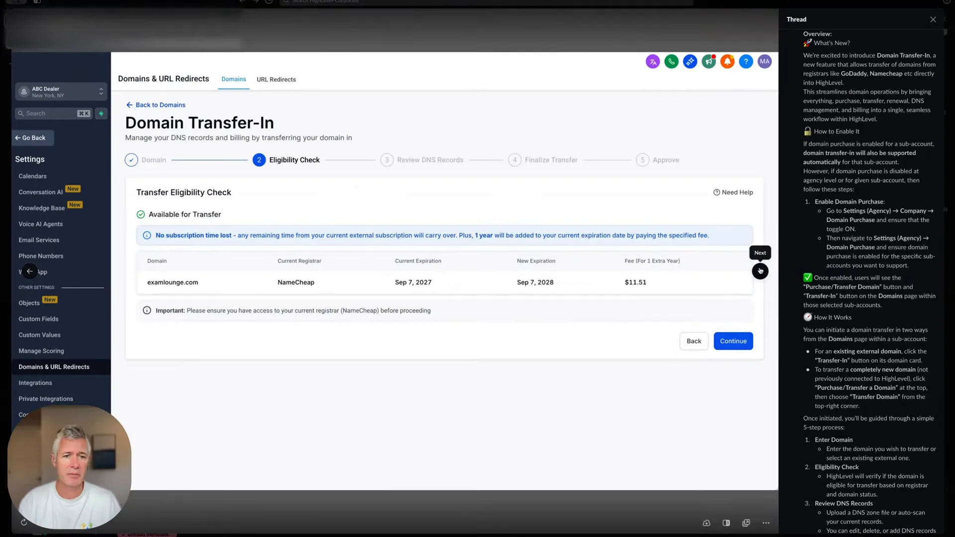 Sean mentions DNS management and modifying DNS records inside the system