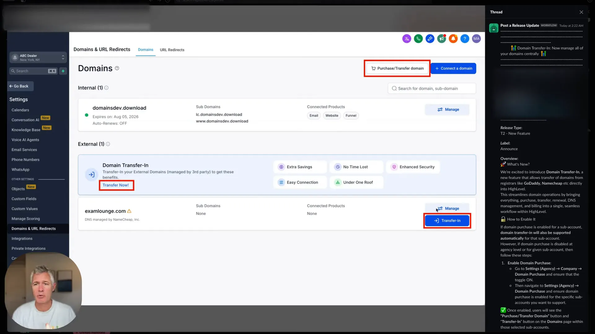 Sean announcing domain purchasing ability inside the platform