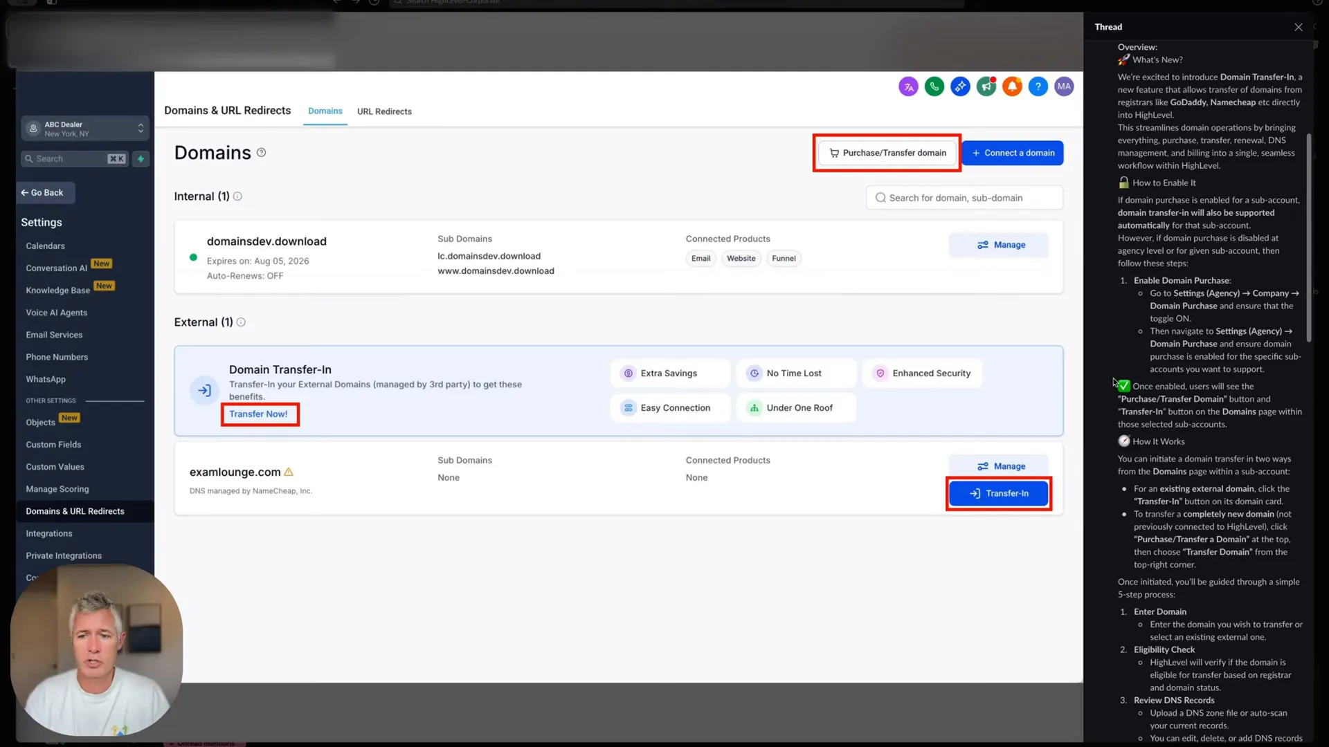 Transfer in button in the domain section to initiate domain transfer