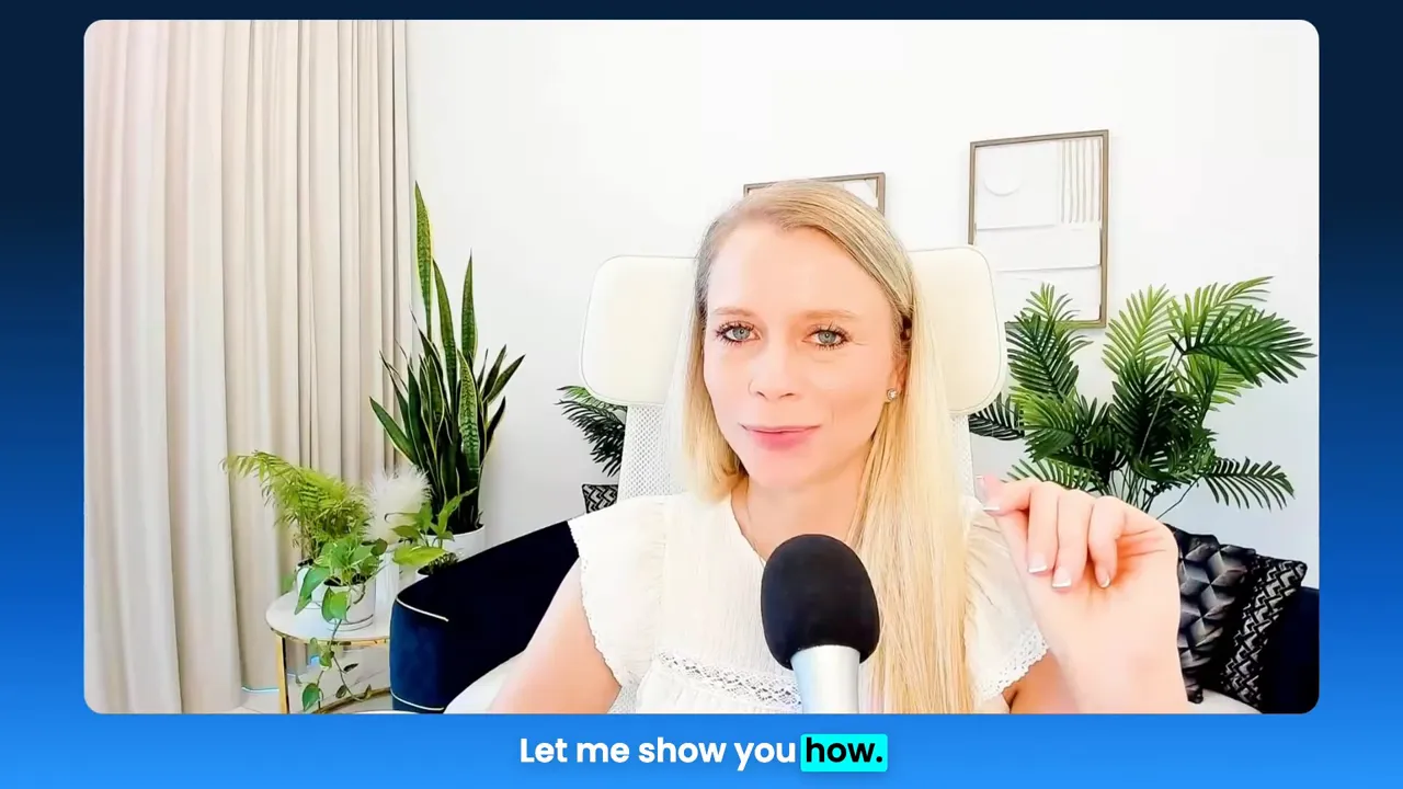 Presenter speaking into a microphone in a bright home office with plants in the background
