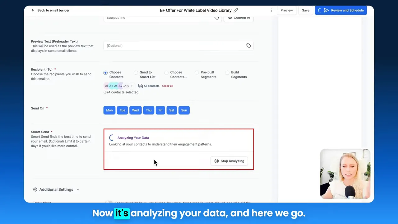 GFunnel Smart Send 'Analyzing Your Data' panel showing the system analyzing contacts to understand engagement patterns.