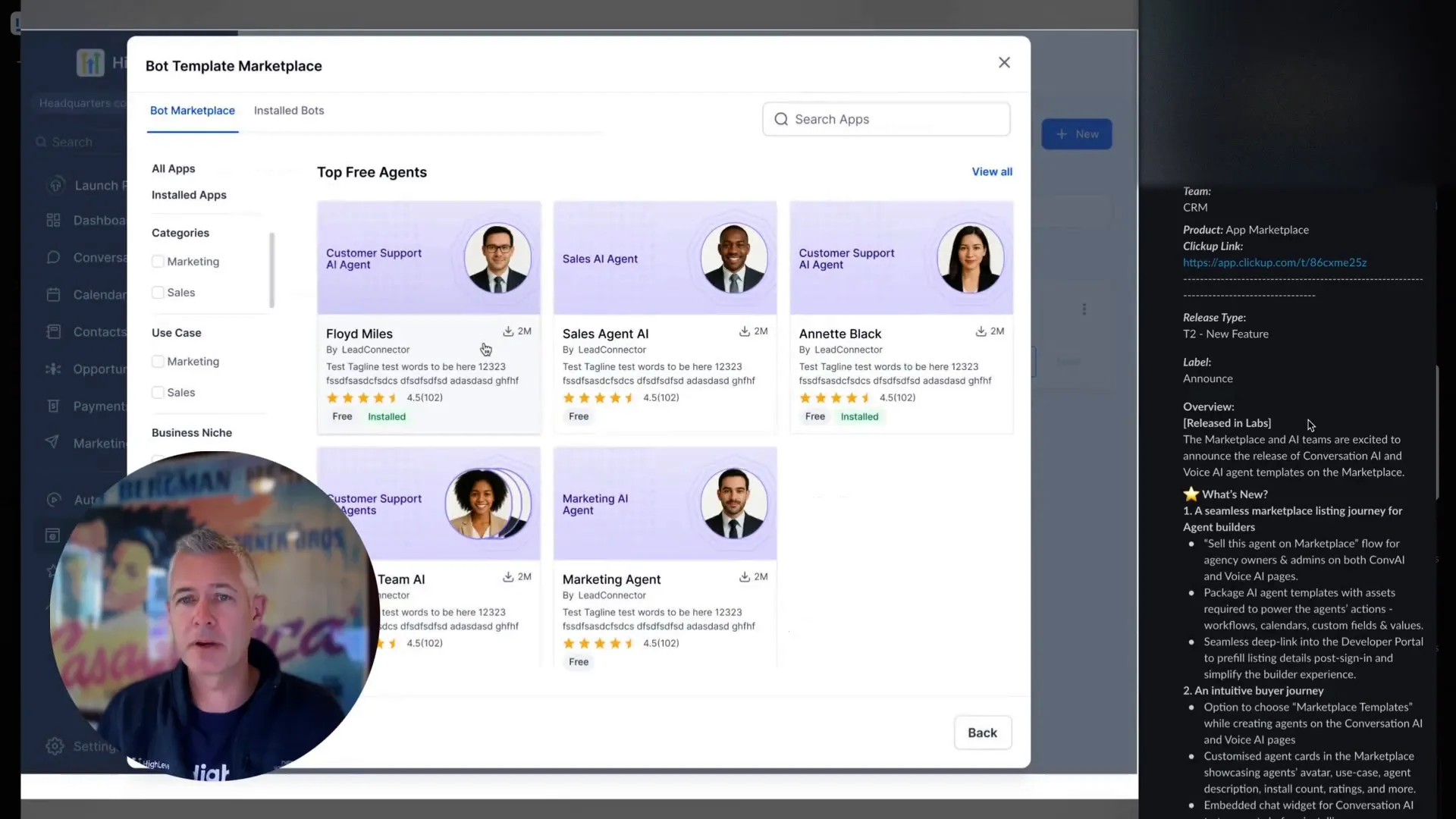GFunnel’s conversation AI and voice AI marketplace templates interface