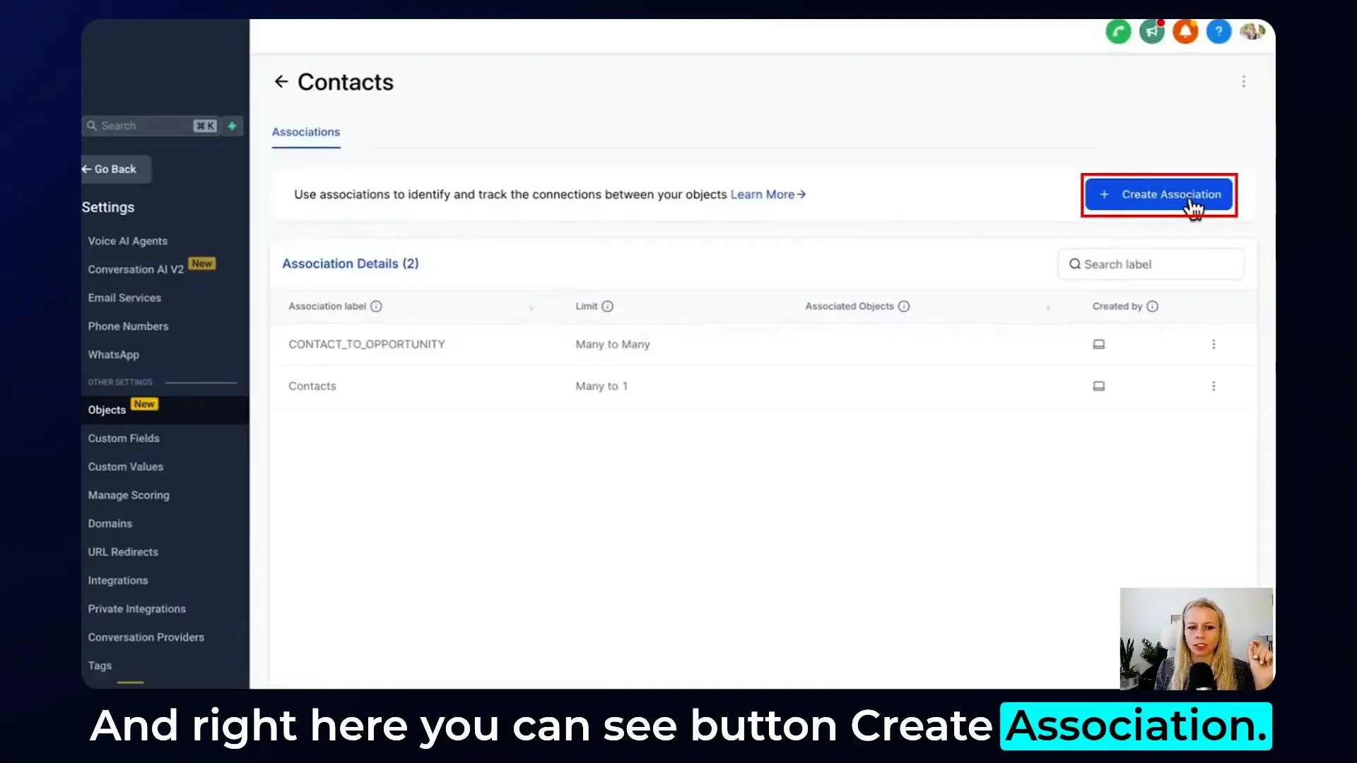 GFunnel objects and contacts settings screen