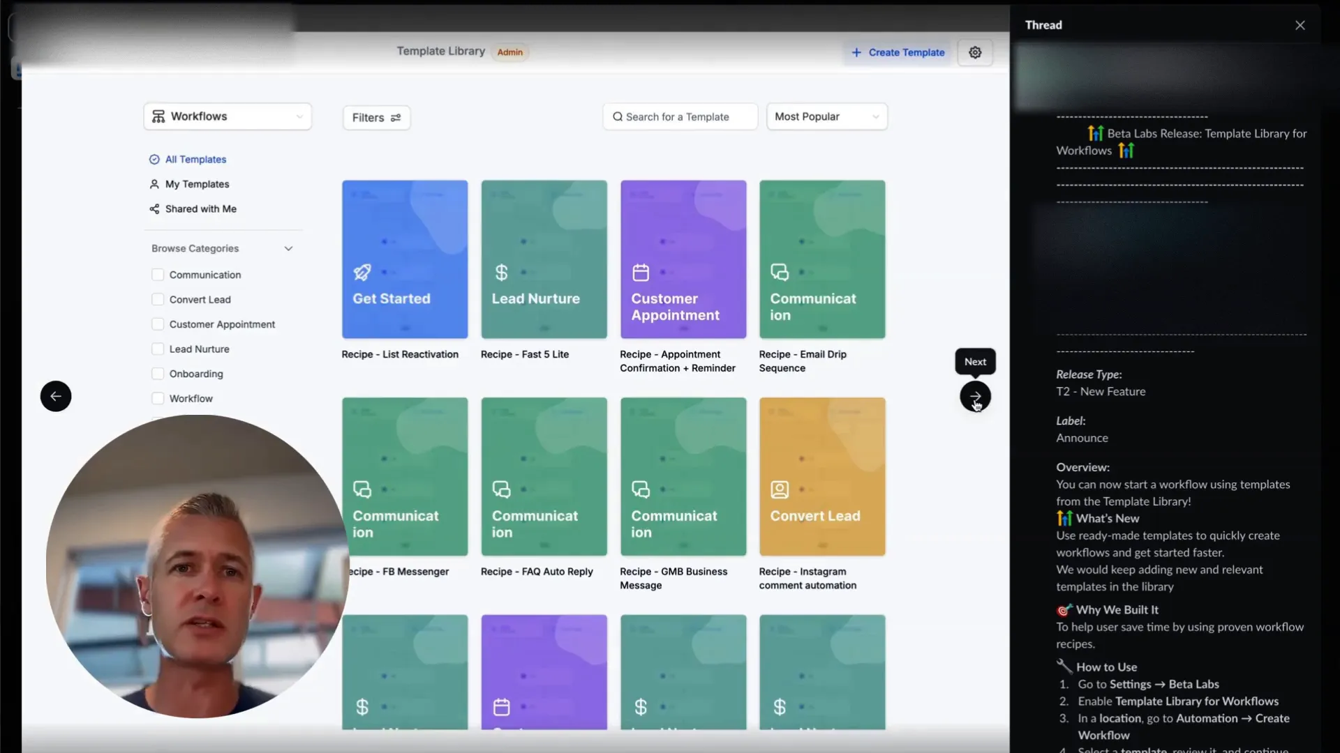 GFunnel workflow template categories overview