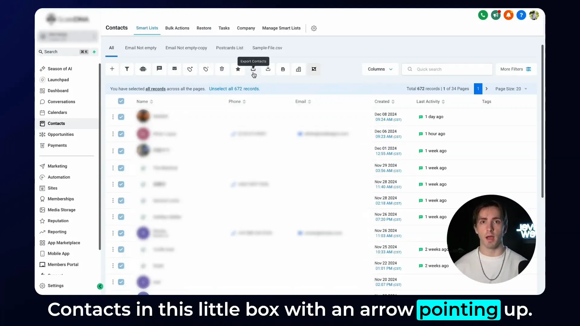 Export contacts button in HighLevel CRM