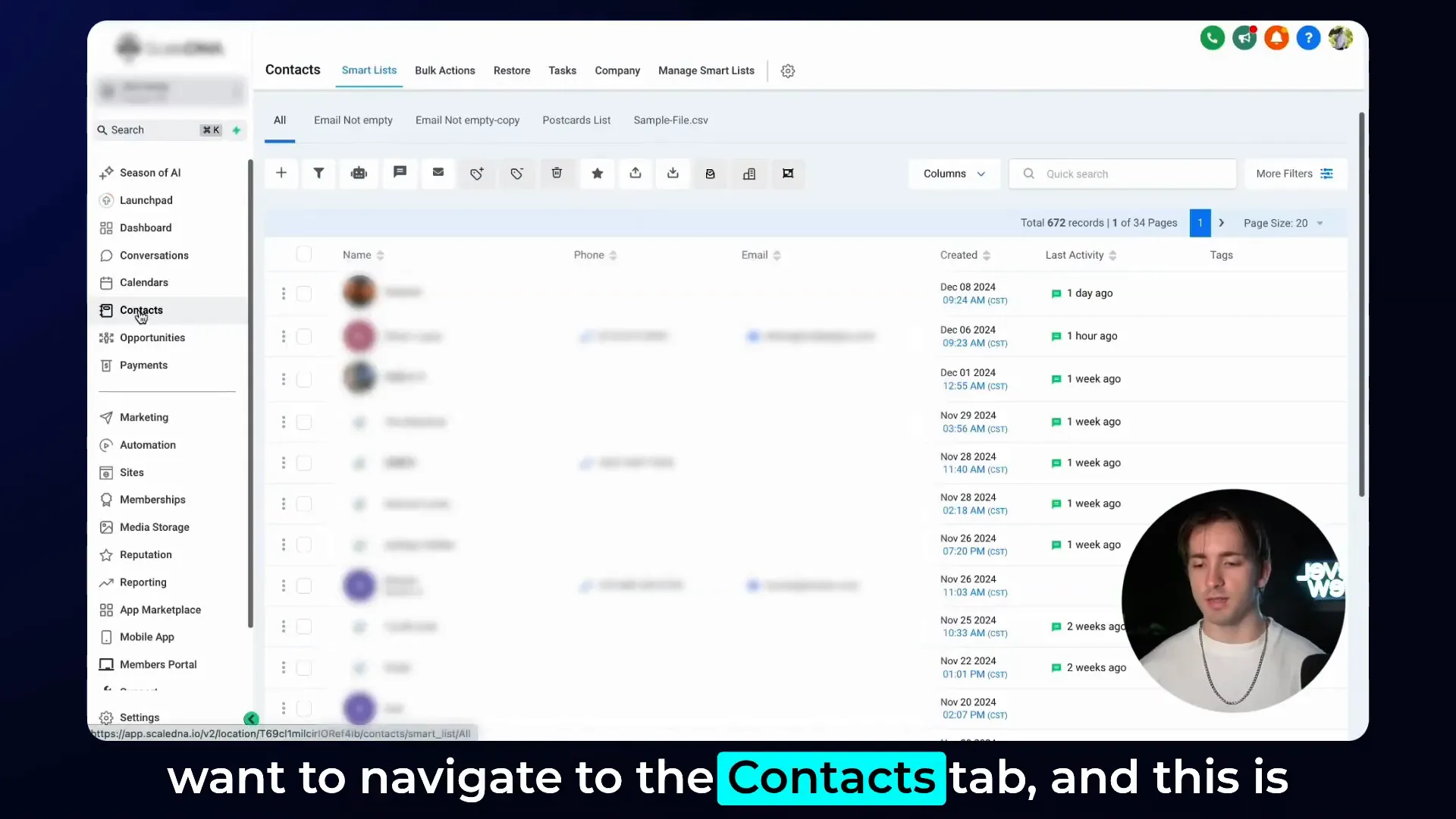 HighLevel CRM contacts tab overview