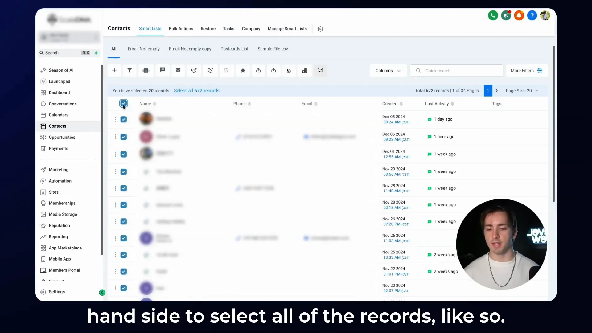 Selecting contacts in HighLevel CRM for export