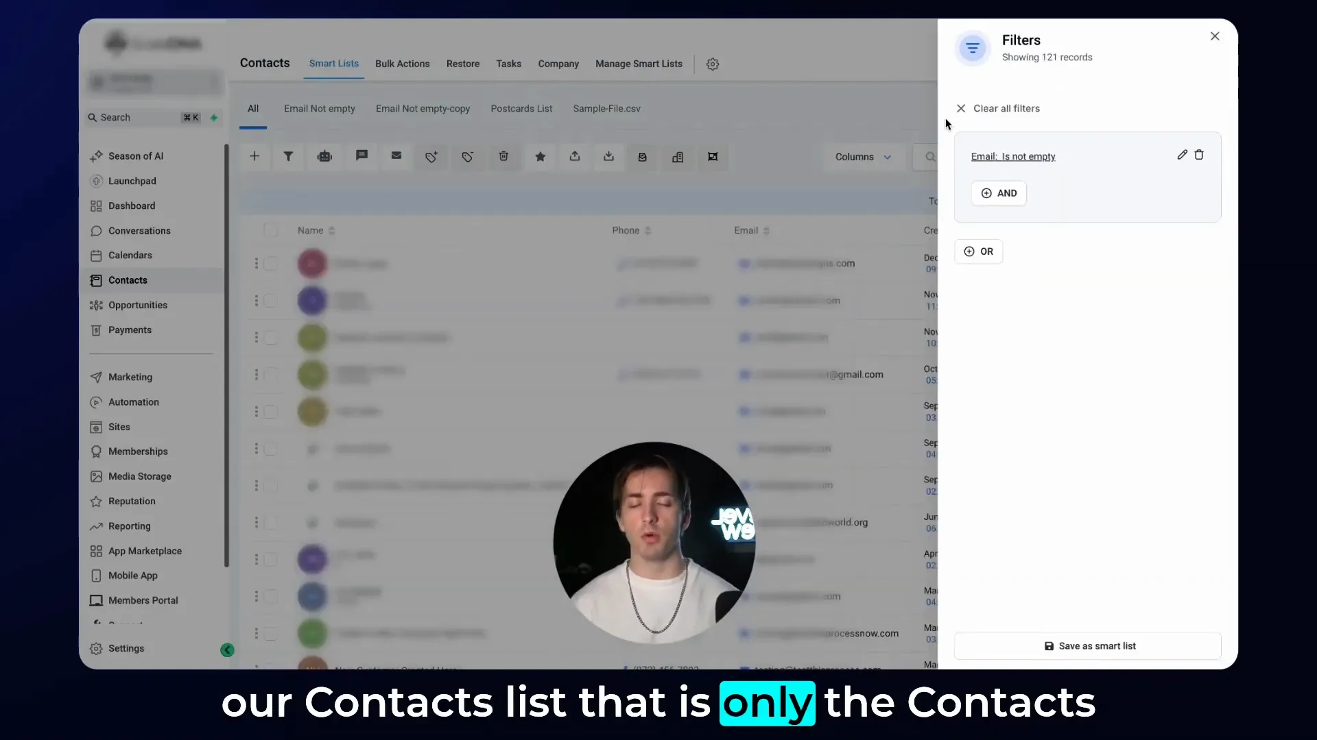 Filtering contacts by email not empty in HighLevel CRM