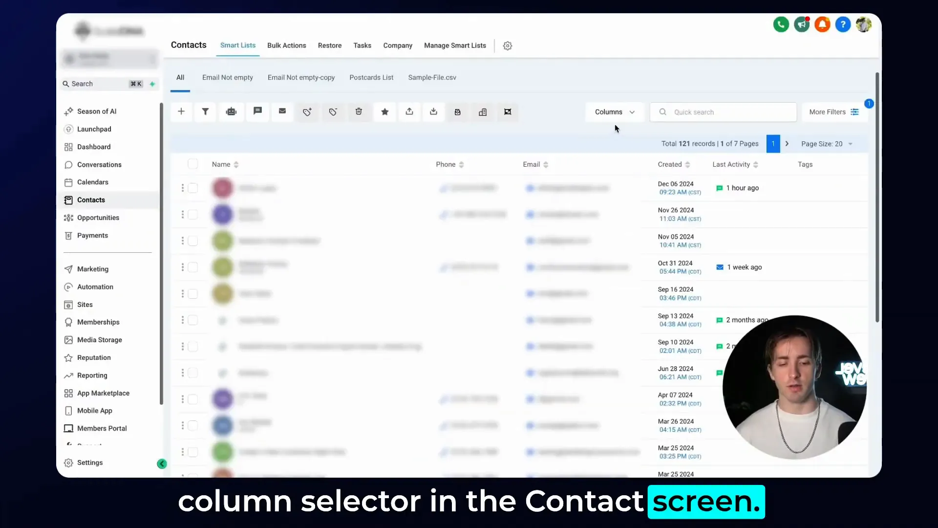 Customizing columns in HighLevel CRM contacts view