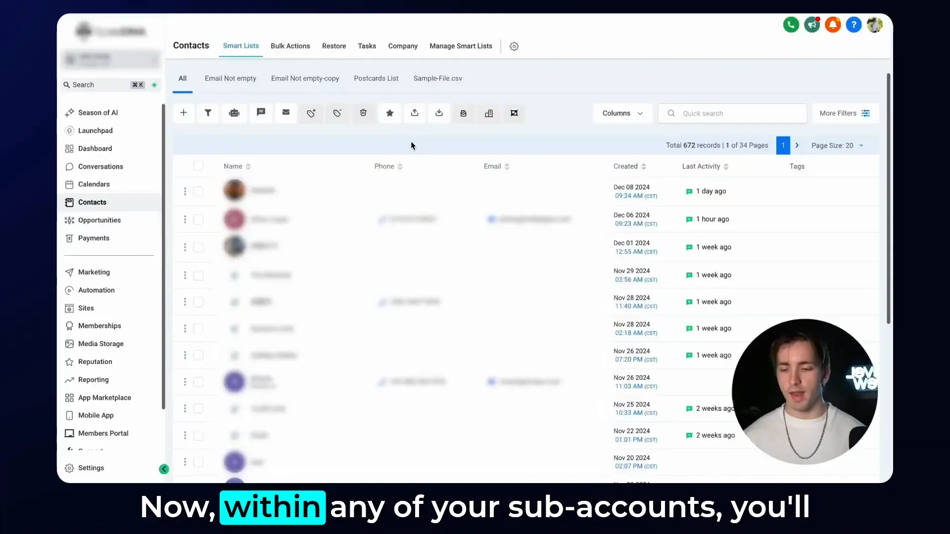 HighLevel CRM dashboard showing contacts tab