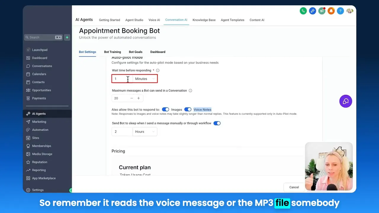 GFunnel Appointment Booking Bot settings showing the 'Wait time before responding' field and the Voice Notes option — demonstrating conversational AI handling audio files.