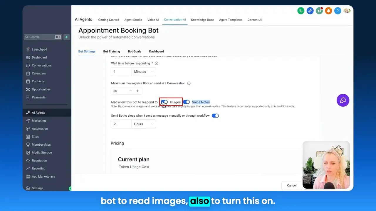 Cursor selecting Images toggle next to Voice Notes in the Appointment Booking Bot settings