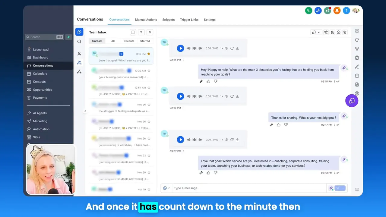 GFunnel full conversations dashboard with left navigation highlighting memberships payments and automation