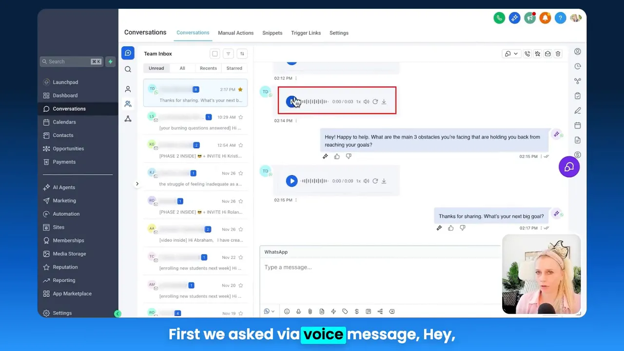 GFunnel conversation screen with a highlighted voice message being played and a follow-up text reply visible.
