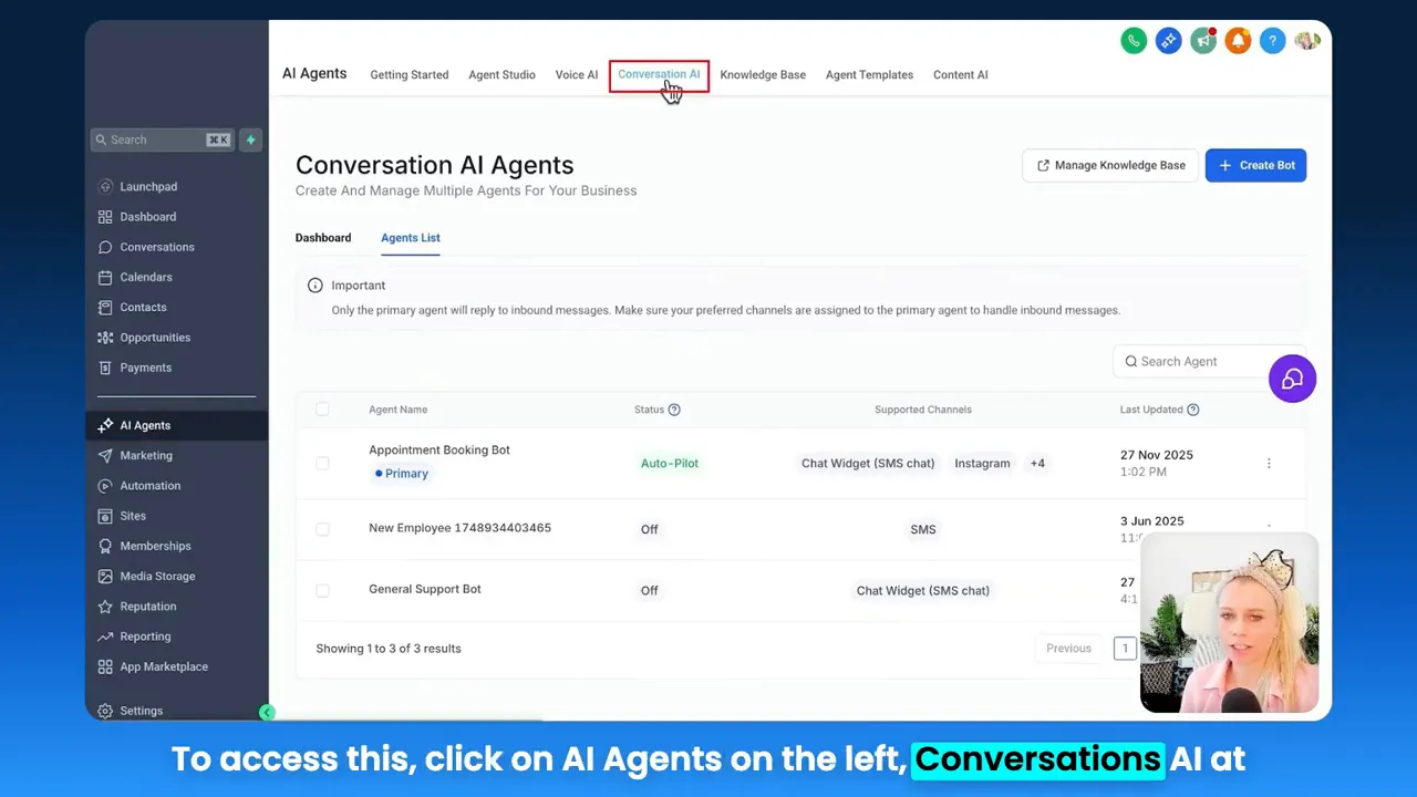 GFunnel Conversation AI Agents dashboard showing the agent list and the top 'Conversation AI' menu highlighted.
