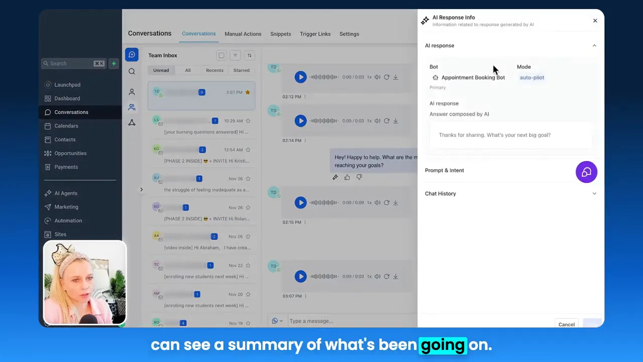 GFunnel AI Response Info panel showing the Appointment Booking Bot, the AI-composed reply and a summary of recent chat activity.