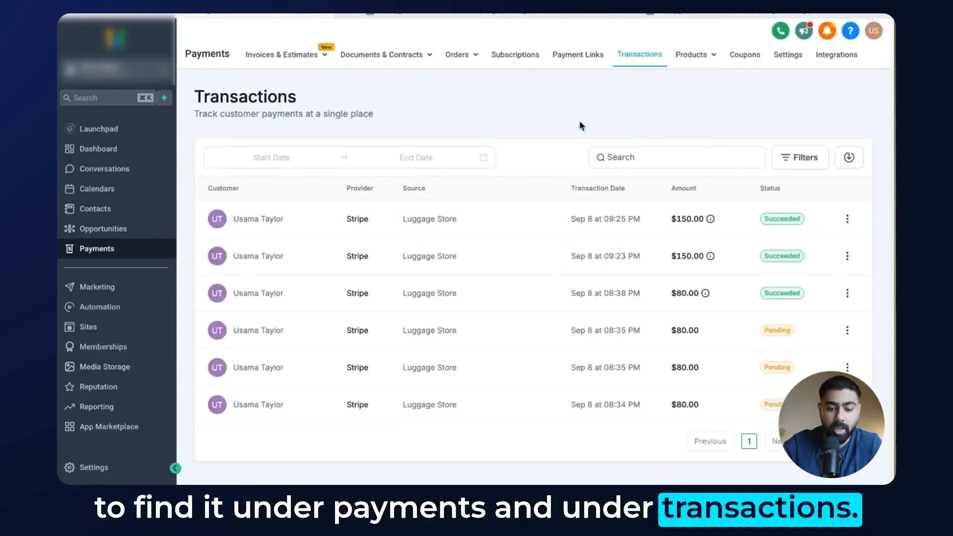 Viewing payment transactions