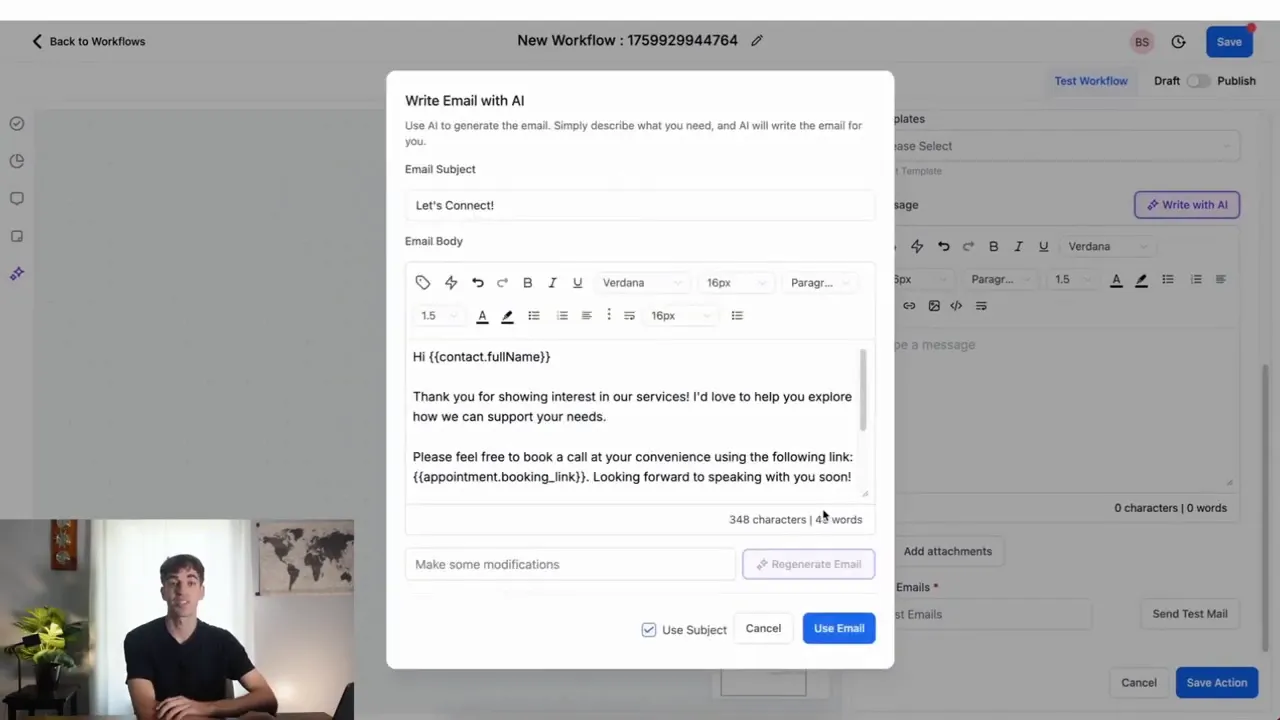 Write Email with AI modal showing generated subject and email body ready to use