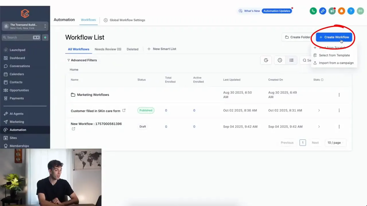 GFunnel Workflow List screen showing existing workflows and a highlighted Create Workflow button