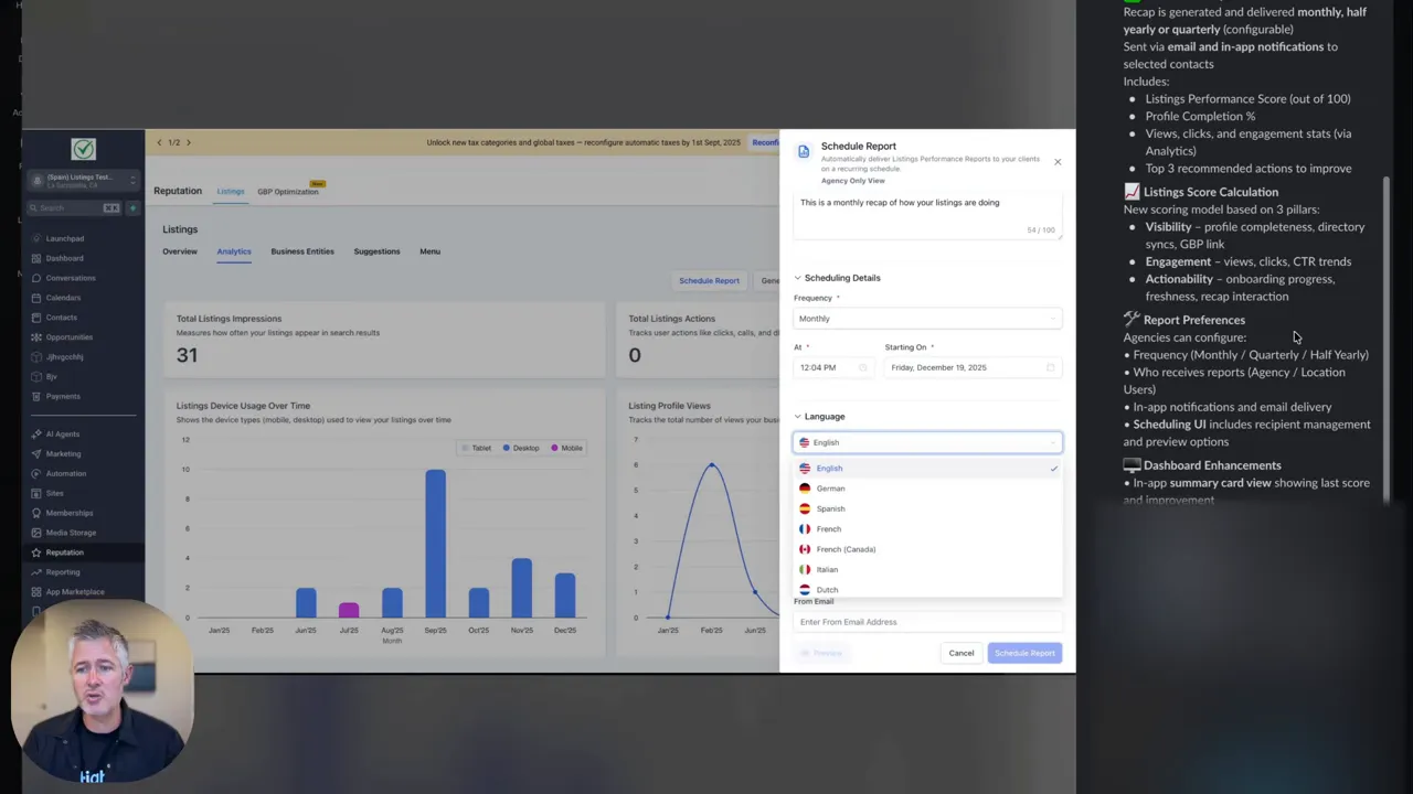 Clear GFunnel dashboard showing listings analytics charts and schedule report modal with language dropdown