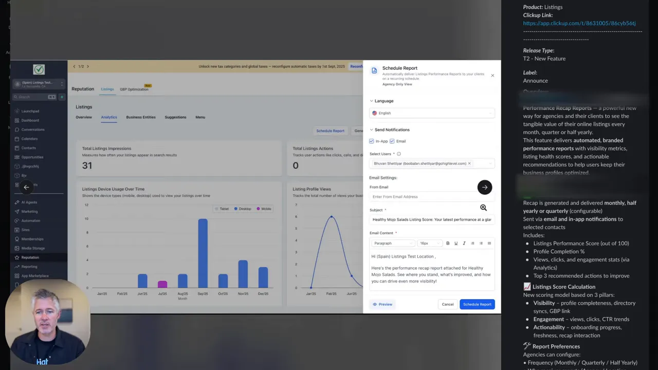 GFunnel schedule report settings panel showing language selector, send notifications options and email content fields