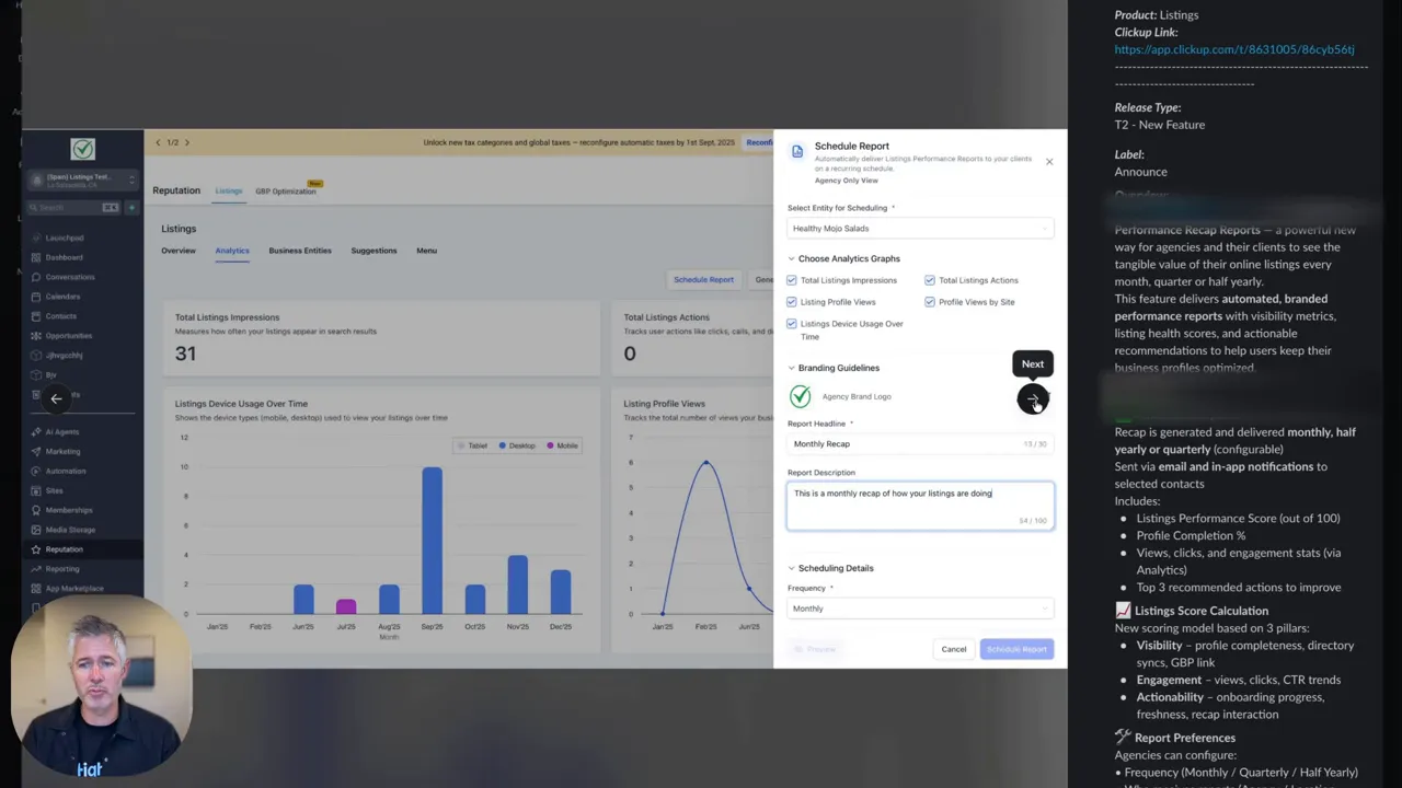 GFunnel schedule report panel showing report headline, description, frequency fields alongside listings analytics charts
