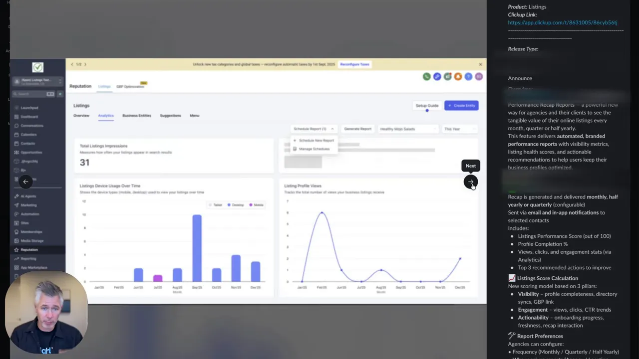 Clear GFunnel dashboard showing listings analytics, charts and schedule report popup
