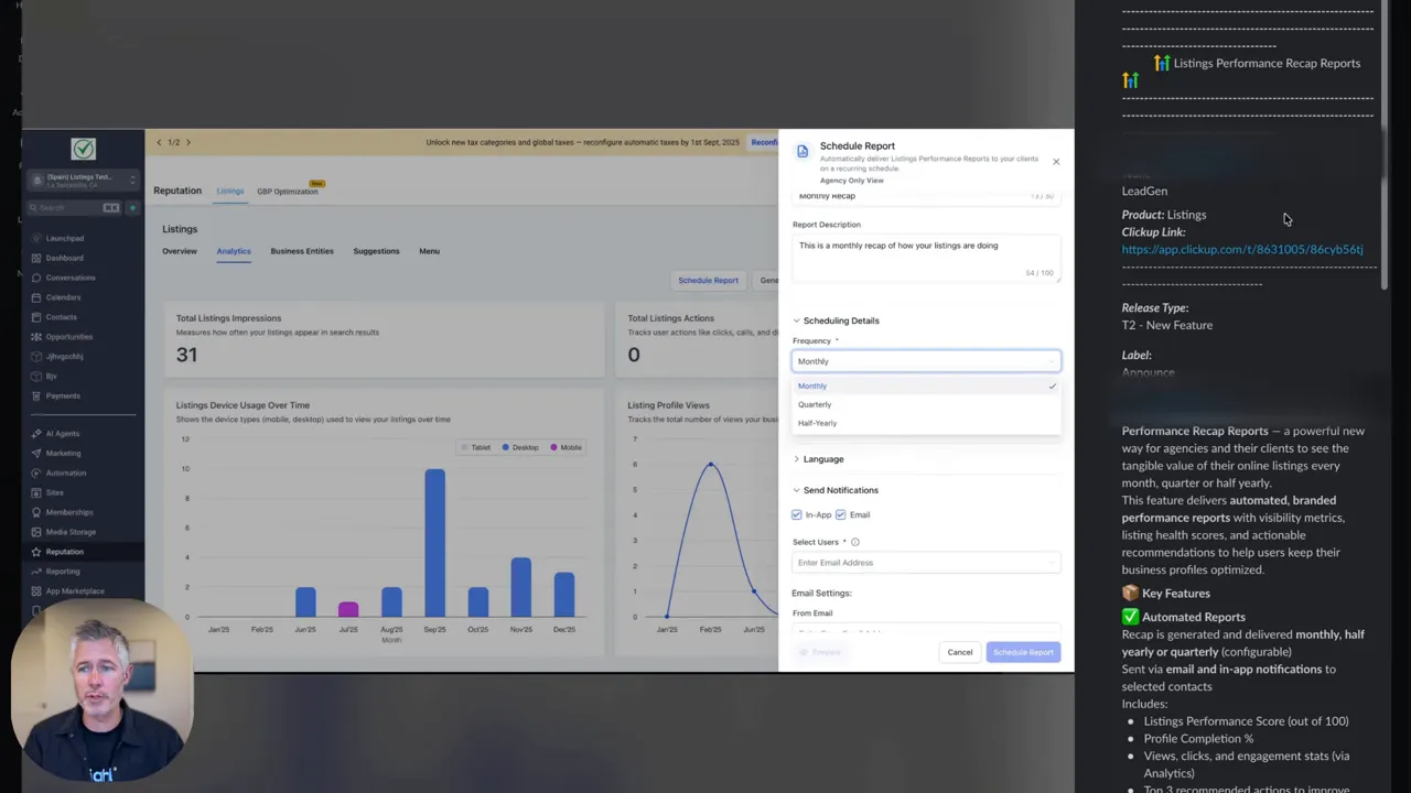 GFunnel listings analytics dashboard with visible charts and schedule report modal; small presenter thumbnail in lower-left corner.
