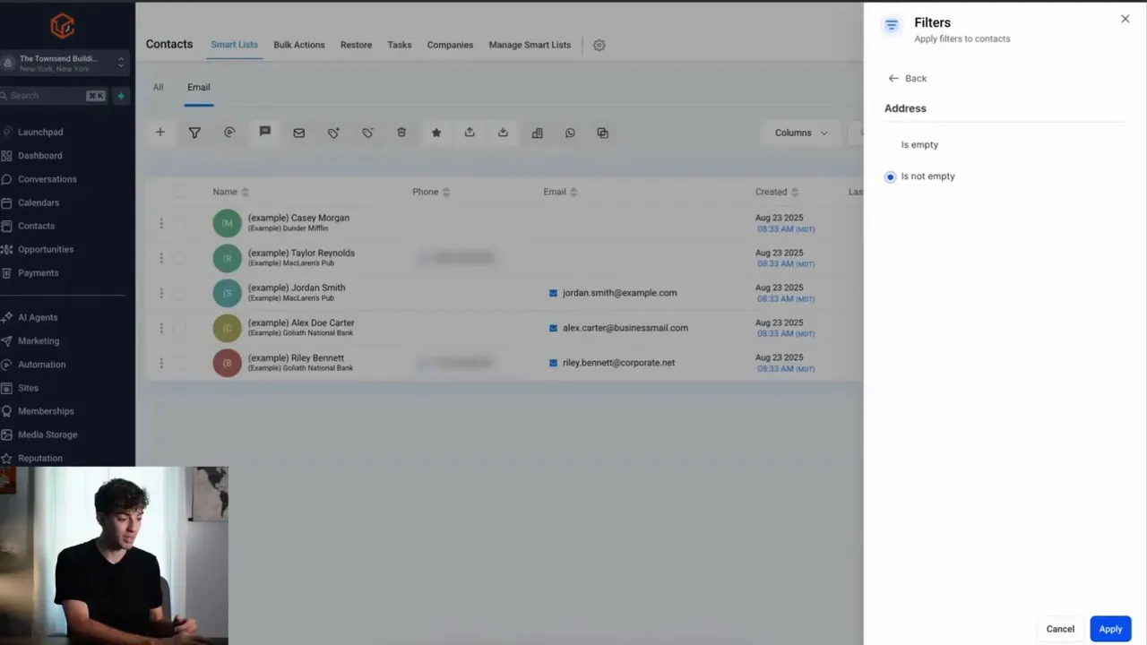 Saving a smart list named 'postcards' to target contacts with addresses