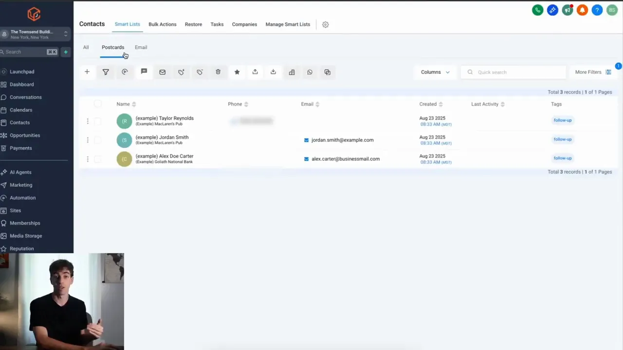 SmartList titled 'postcards' showing contacts with addresses for direct mail targeting