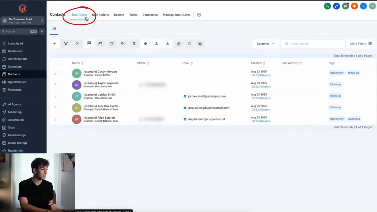 Contacts area showing SmartList active with toggle between 'All Contacts' and saved smart list