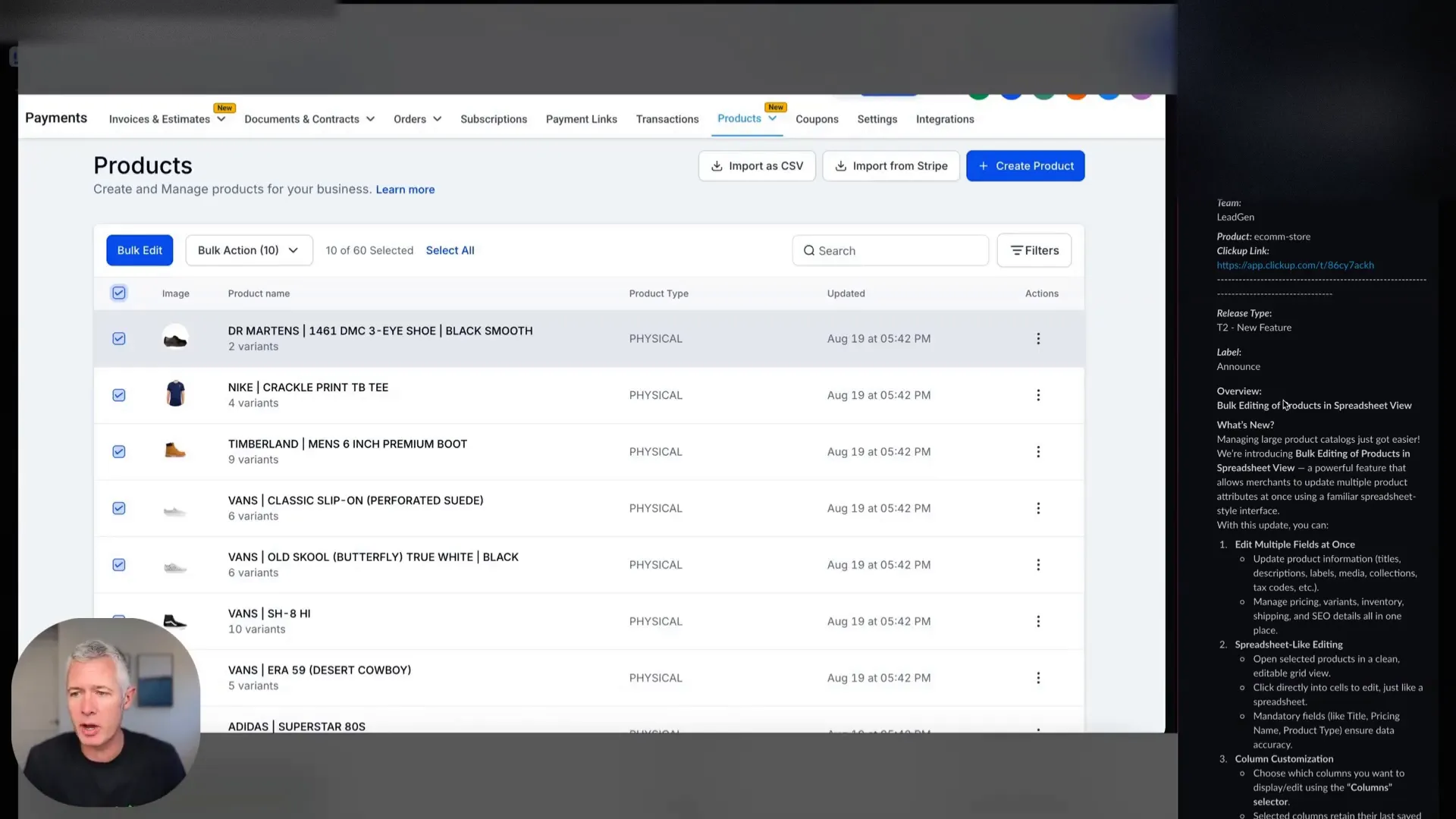 GFunnel product list showing bulk edit and spreadsheet view for products