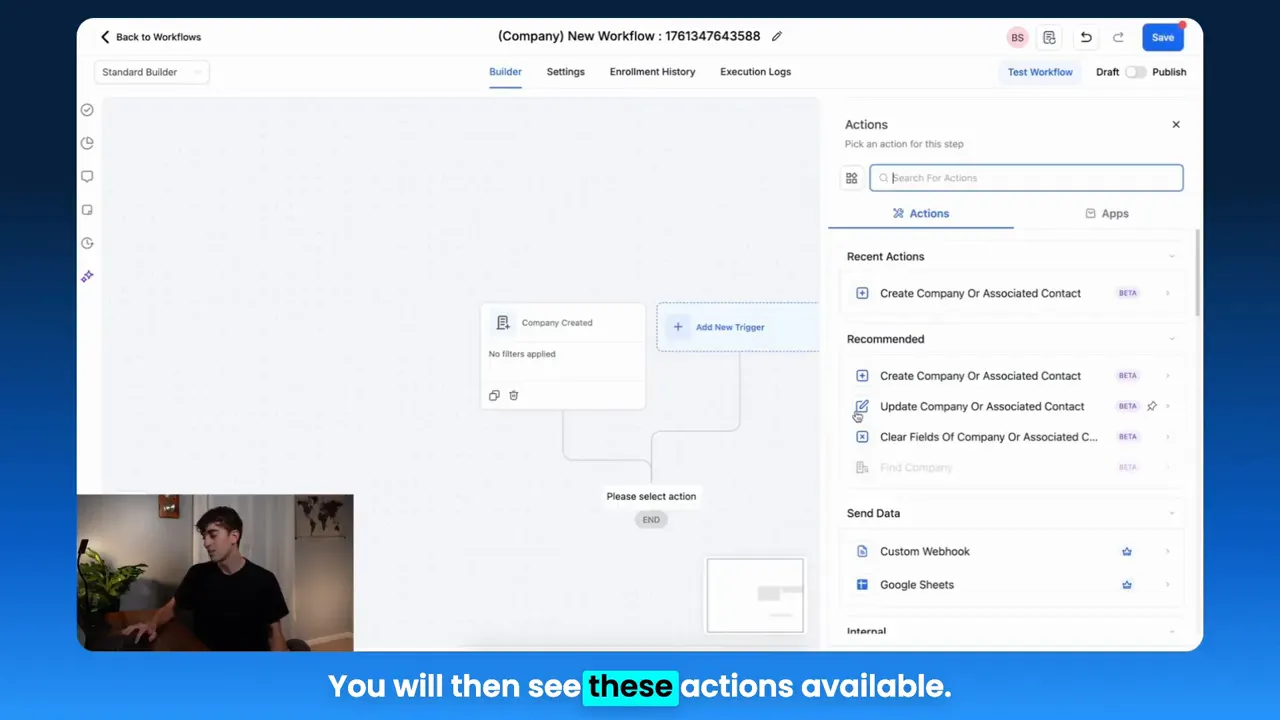 Available actions: create, update, clear fields for company or associated contact