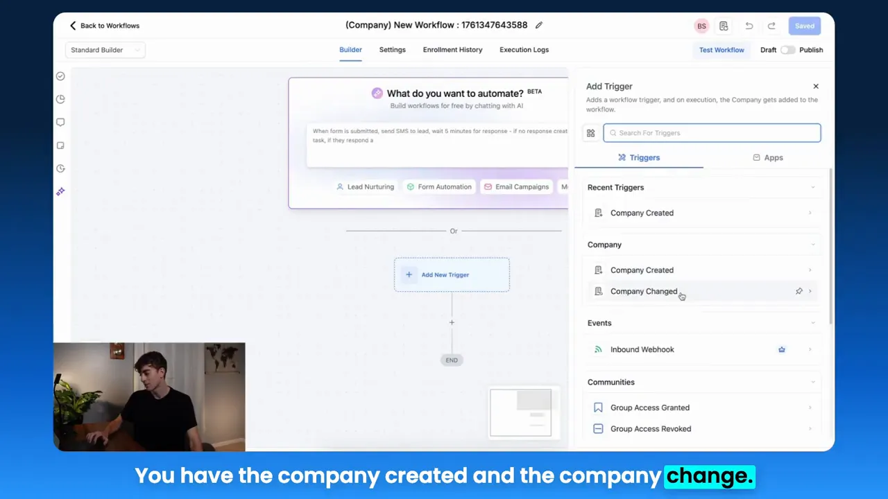 Workflow editor showing how to add a new trigger