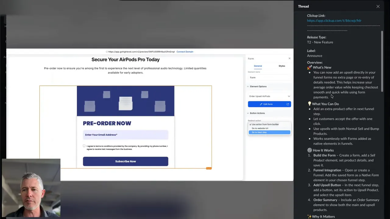 Clear screenshot of a GFunnel order form preview with 'PRE-ORDER NOW' form in center and a thread/notes panel on the right describing upsell behavior.