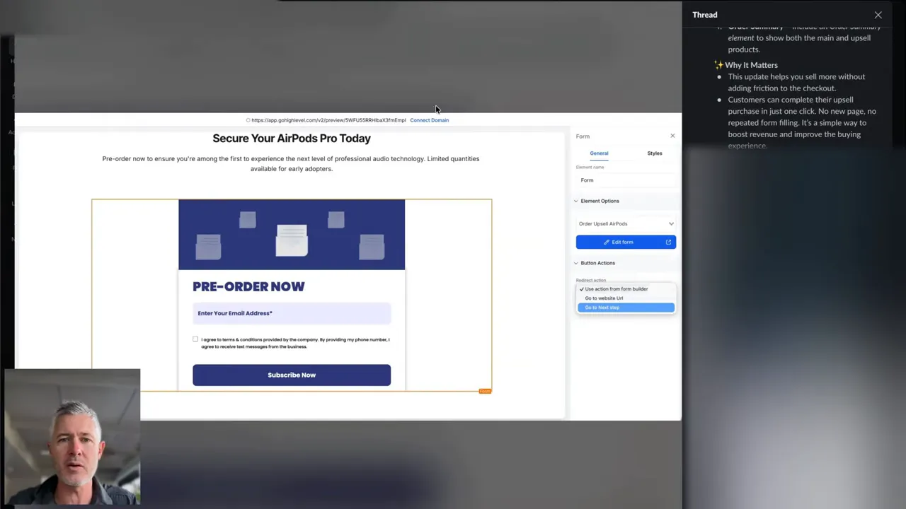 GFunnel form builder screenshot showing 'Secure Your AirPods Pro Today' pre-order form with the 'Order Upsell AirPods' option visible in the right sidebar.