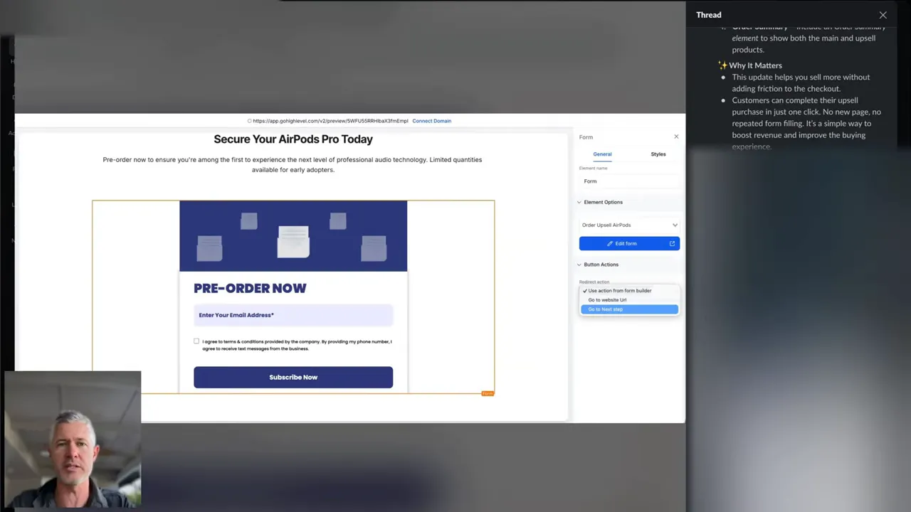 Funnel builder screenshot showing a pre-order form and a visible 'Thread' sidebar with community notes, plus a presenter thumbnail.