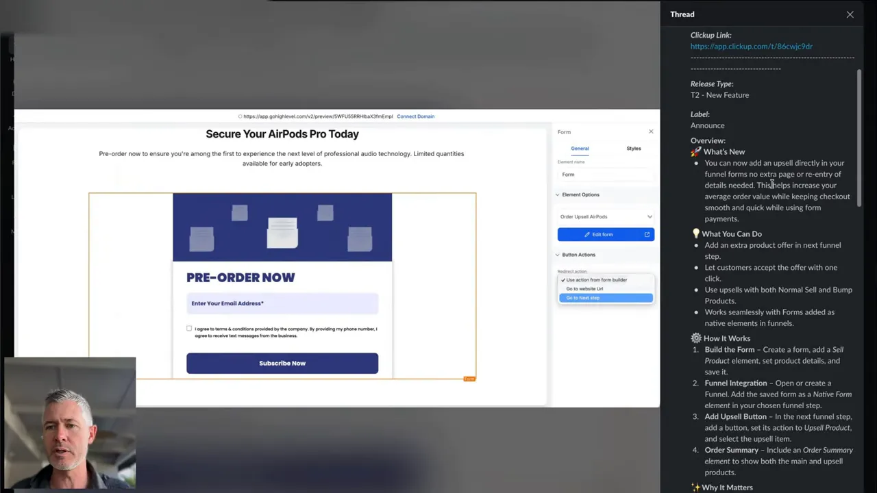 GFunnel funnel editor showing a centered 'PRE-ORDER NOW' form preview with the Thread/community notes visible on the right and a presenter thumbnail in the lower-left.