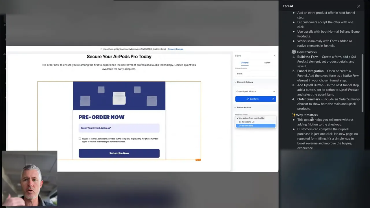 GFunnel streamlined order form preview in the funnel editor showing the signup field and upsell/edit options
