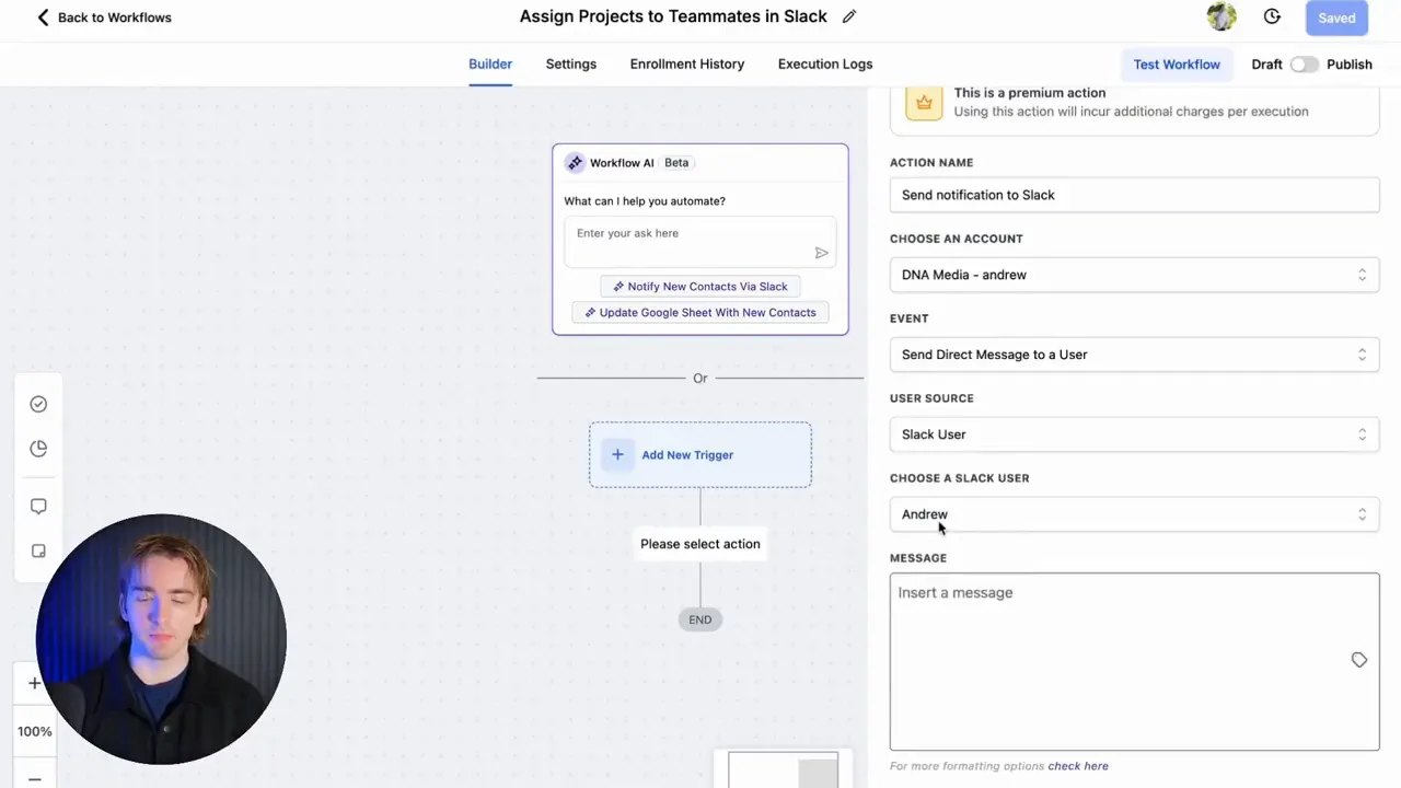 Slack action configured to send direct message to a user with custom value fields included