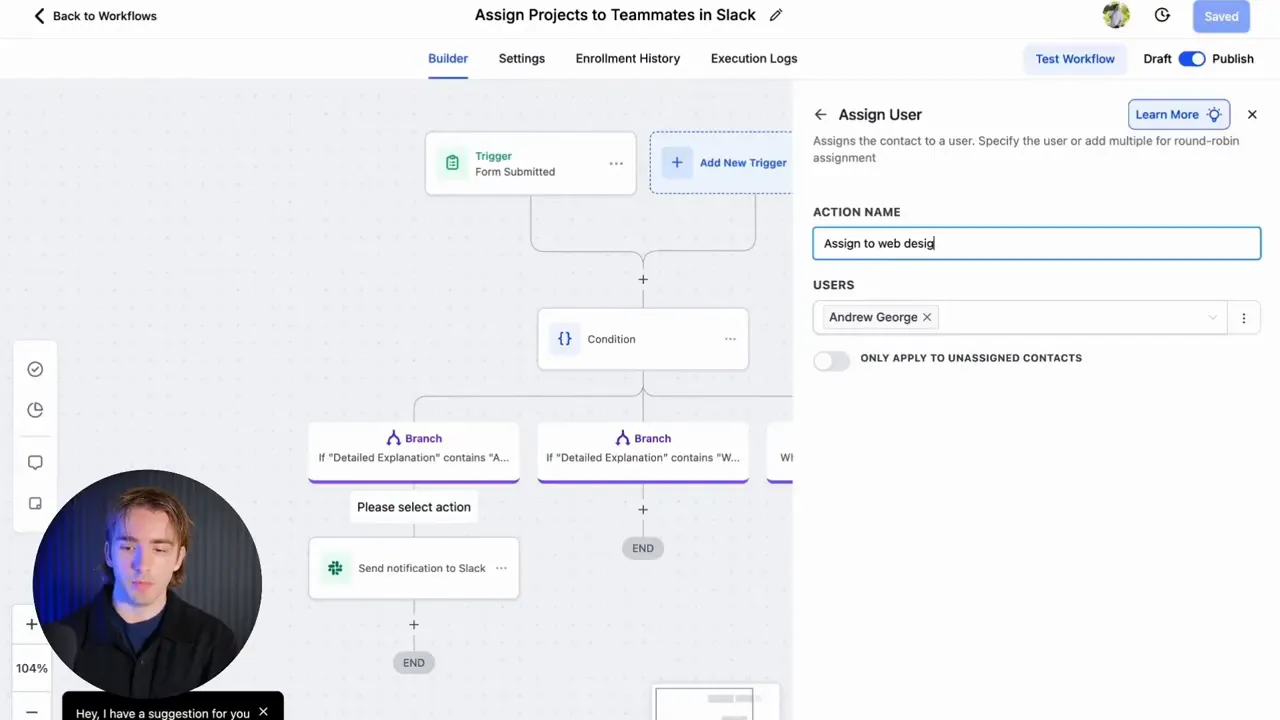 Assign to user actions in workflow with go-to steps to Slack notification