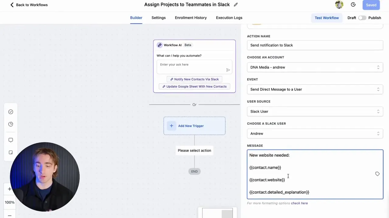 Form fields mapped to Slack message custom values