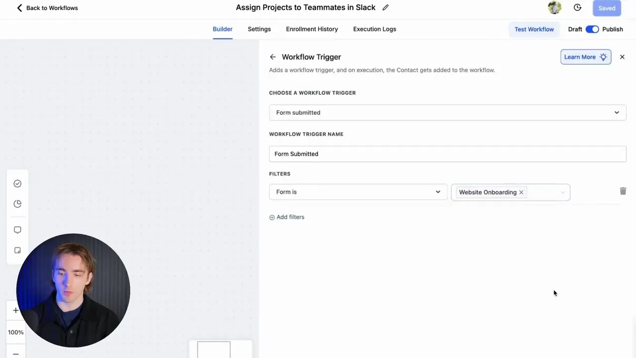 Website onboarding form trigger in workflow builder