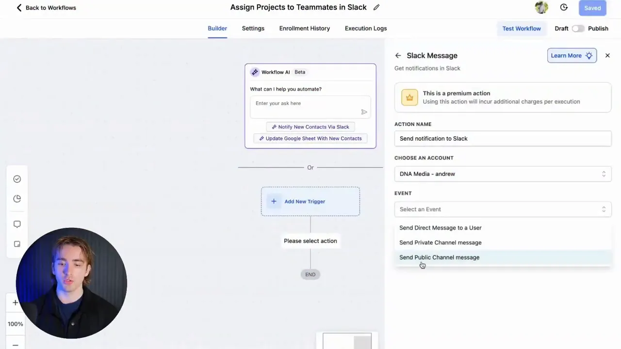 Example of public, private channel and direct message options in Slack action