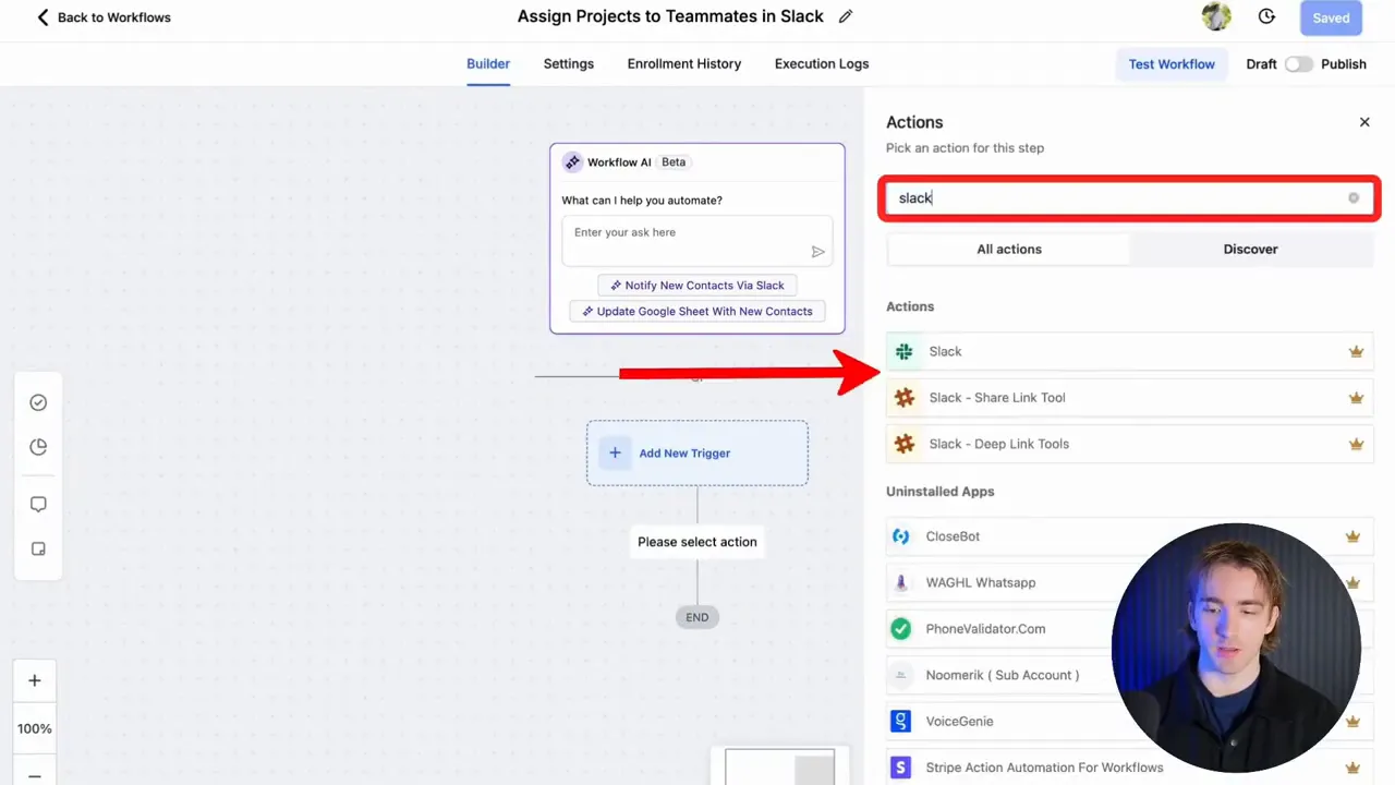 Workflow builder showing Slack action selection