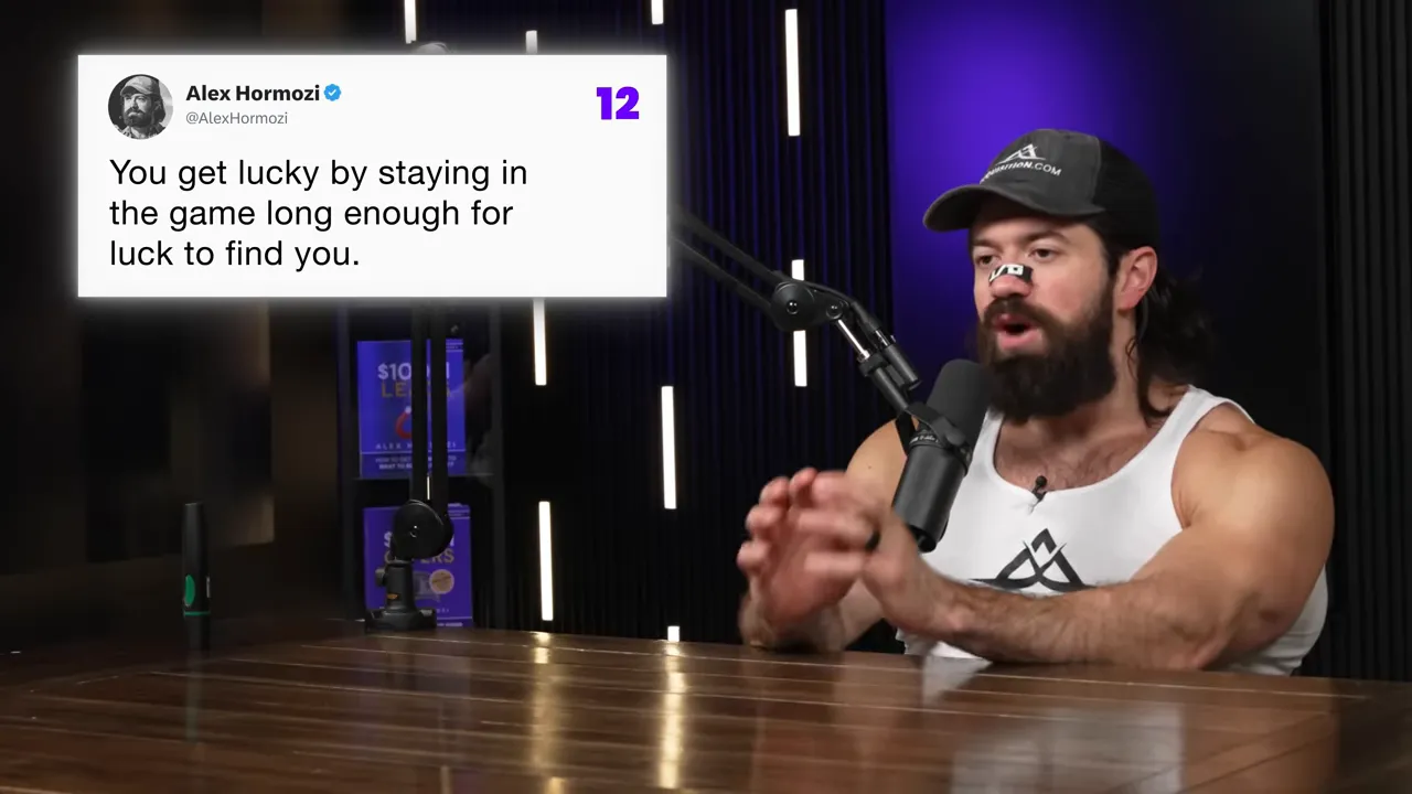 Podcast host speaking beside a large, clear on-screen tweet-style quote that reads 'You get lucky by staying in the game long enough for luck to find you.' with purple studio lighting