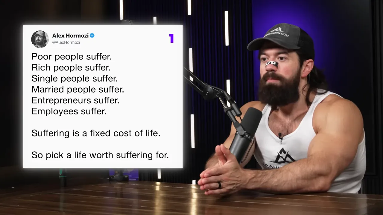 Podcast host sitting at desk with an overlaid tweet card that concludes 'Suffering is a fixed cost of life. So pick a life worth suffering for.'