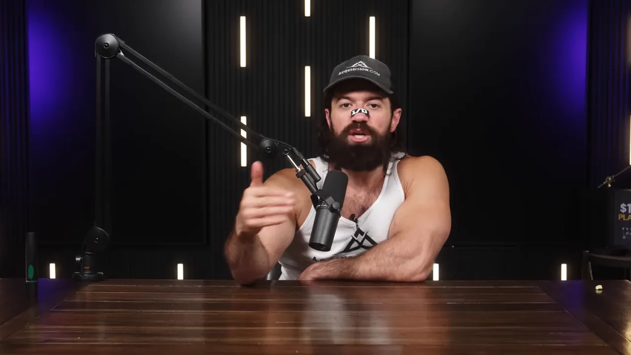 Centered podcast host speaking directly into a microphone at a wooden table with purple studio lighting